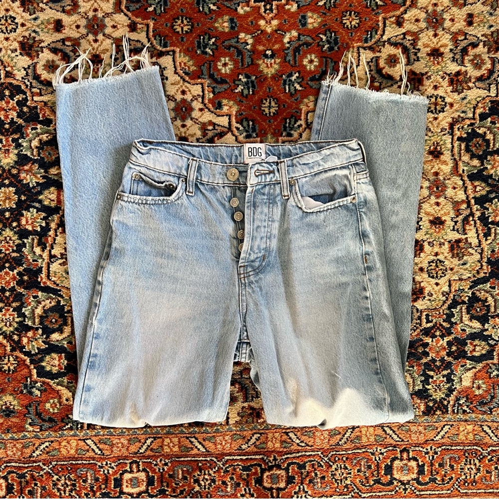 BDG High Rise Light Blue Frayed Hem Jeans